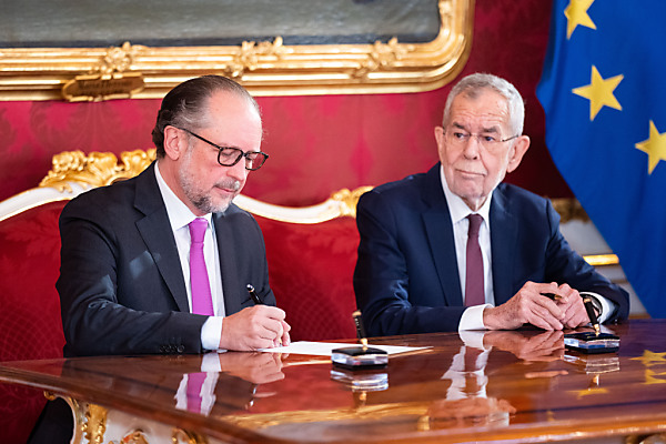 Auf dem Bild sieht man Alexander Schallenberg und Bundespräsident Alexander Van der Bellen an einem Schreibtisch in der Hofburg in Wien.