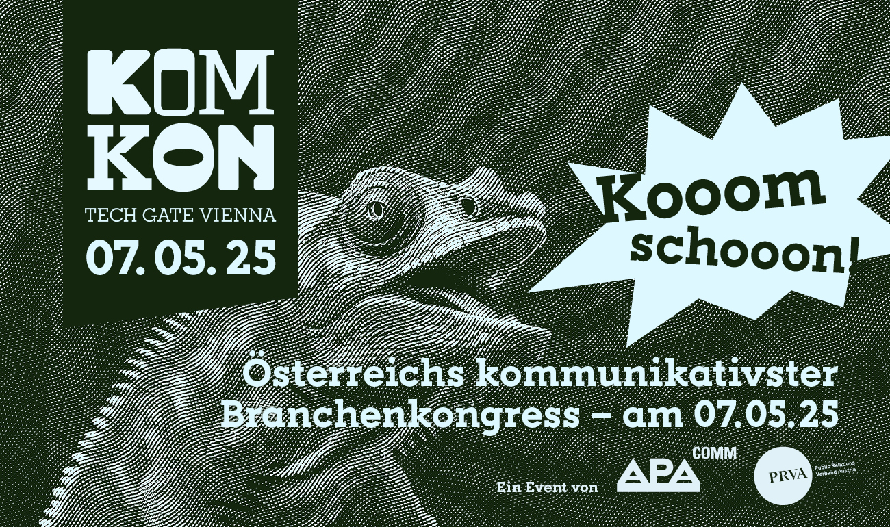 Eine Werbung für den Komkon am 07.05.2025, ein illustriertes Chamäleon ist im Hintergrund und sagt: "Kooom schooon!"
