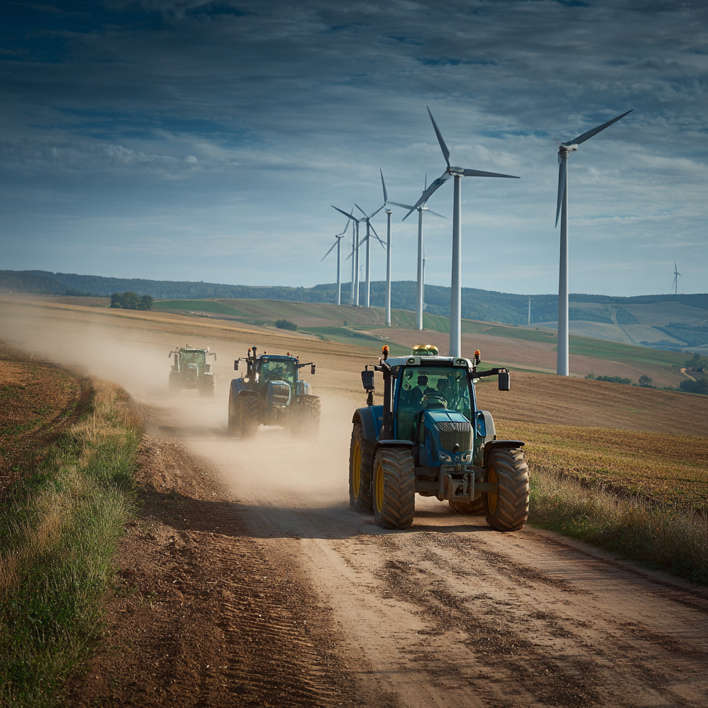 KI-Bild mit Traktoren, die auf einem Feldweg an Windrädern vorbei fahren