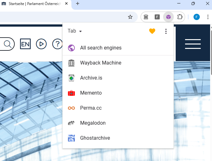 Screenshot eines Browser-Plugins für Internet-Archive