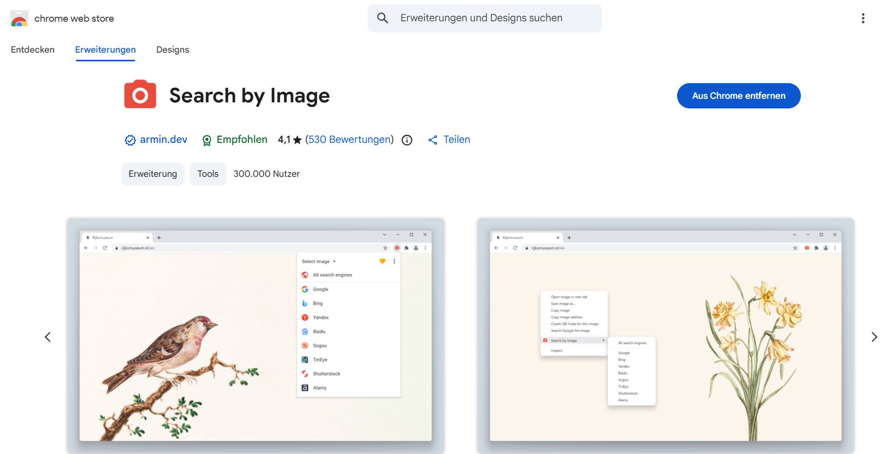 Screenshot aus dem Chrome-Webstore mit dem Addon "Search by Image"