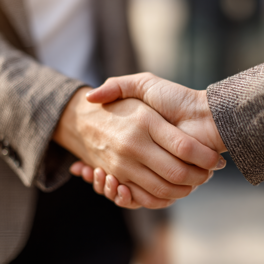 KI-Bild mit Handschlag zwischen zwei Personen, an der einen Hand sind zu viele Finger