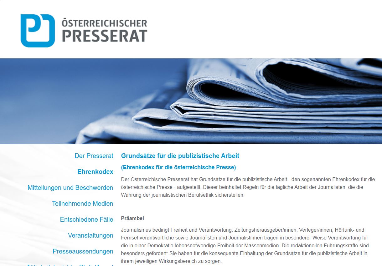 Screenshot der Webseite des Presserats