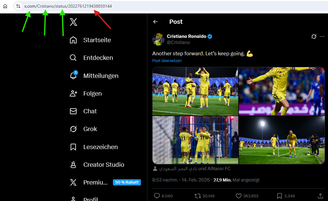 Screenshot von Ronaldos X-Account mit markierter URL