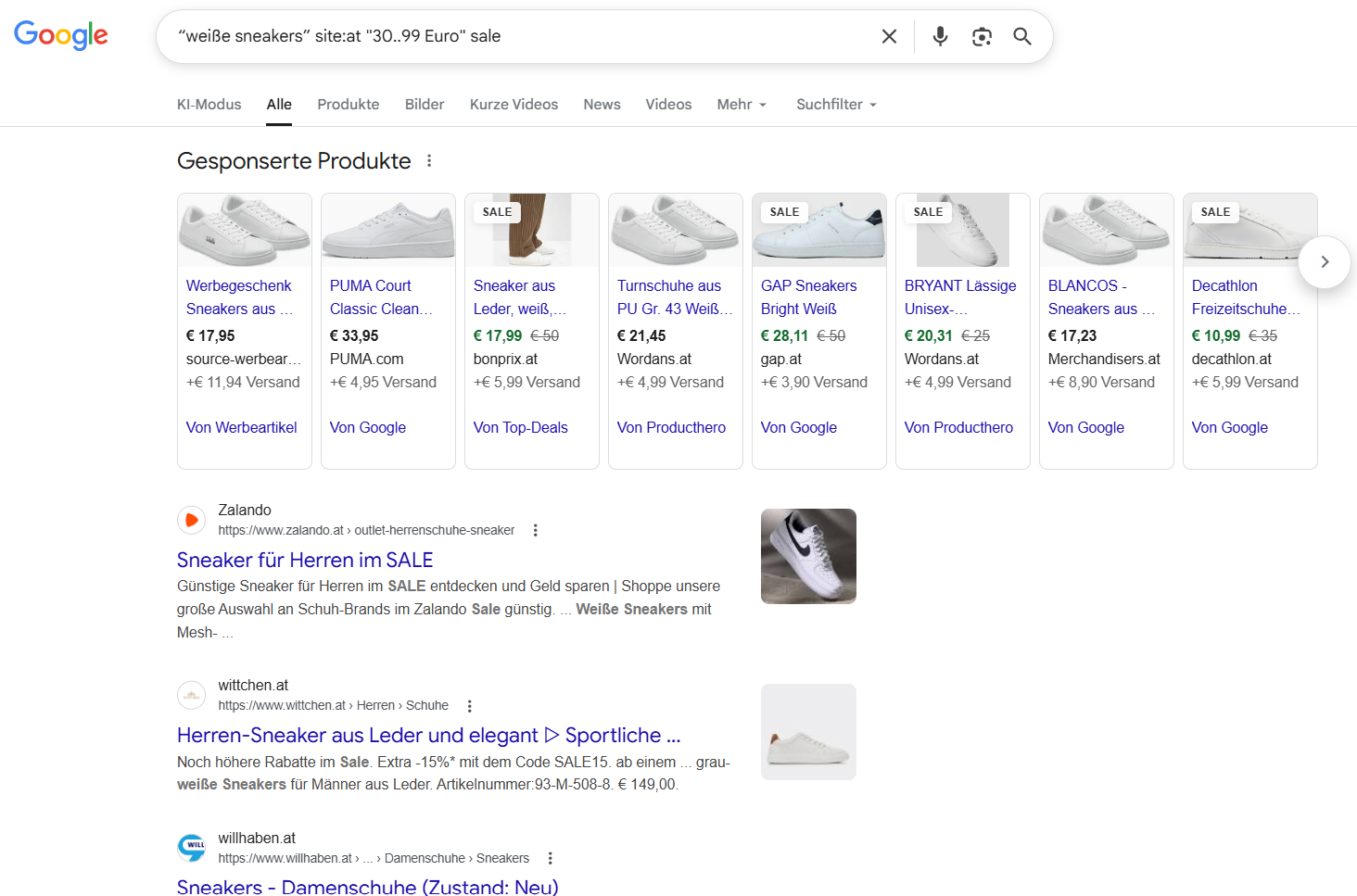Screenshot einer Google-Suche mit dem Suchbefehl “"weiße sneakers” site:at "30..99 Euro" sale"